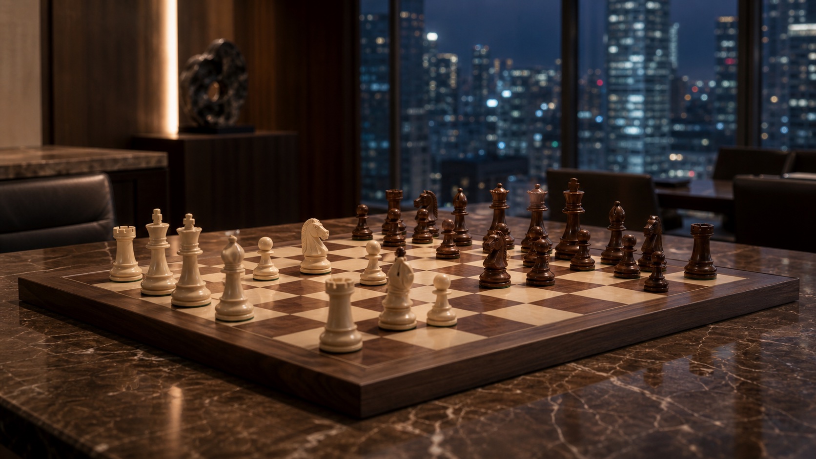 A refined chessboard in an international boardroom