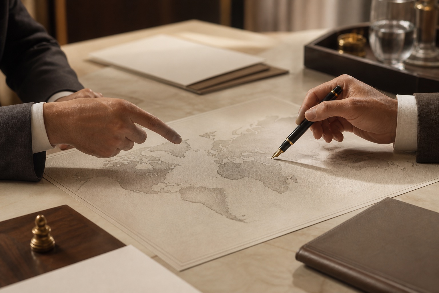 A global strategy discussion around a world map